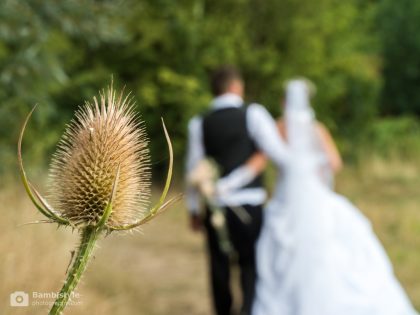 Hochzeitsfotografie Brautpaar laufend von hinten